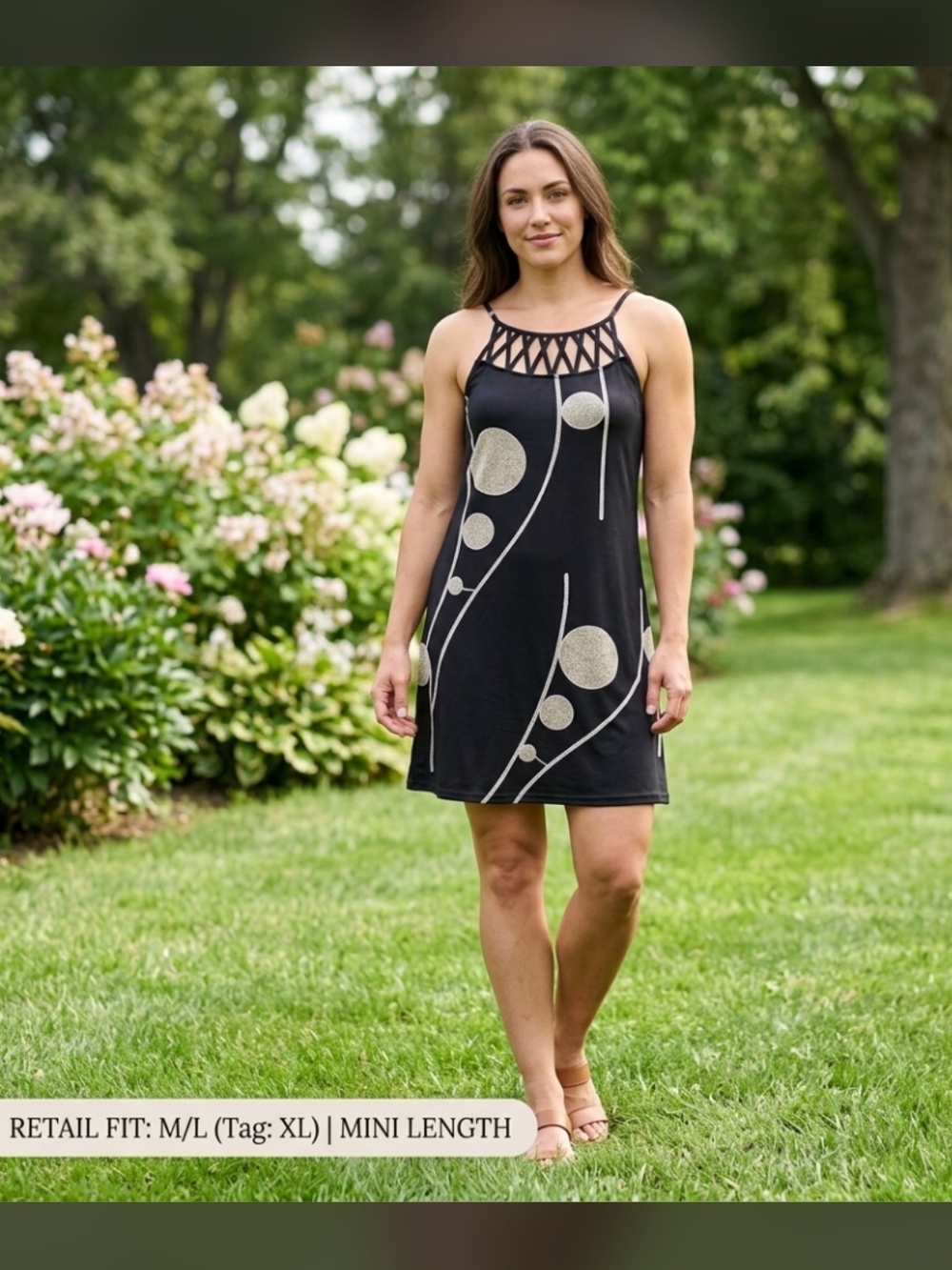 Stylish Black Abstract Circle Print Mini Dress – Lattice Neckline. US 14